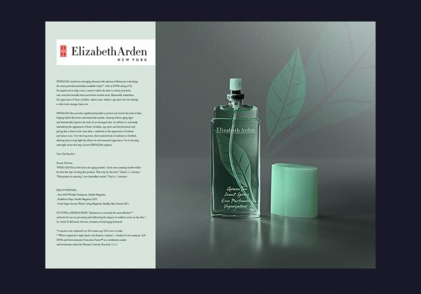 Návrh letáku a fotografie produktů značky Elizabeth Arden